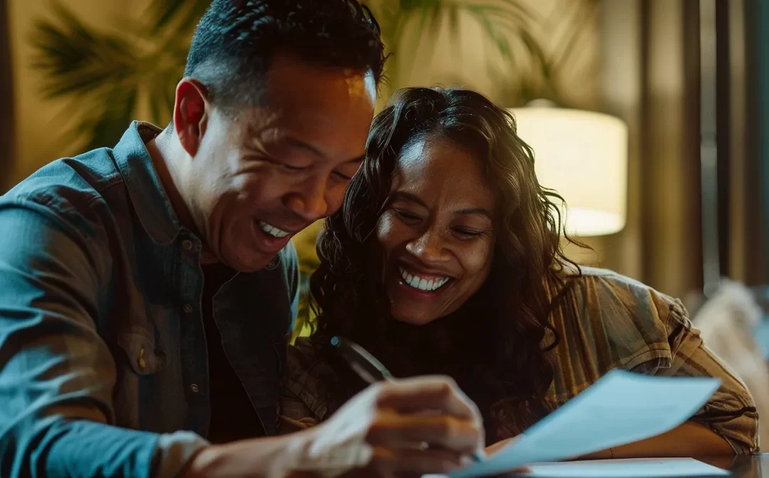 a smiling couple happily signing a contract in their new cozy living room after successfully completing the simplified st. george home buying steps.