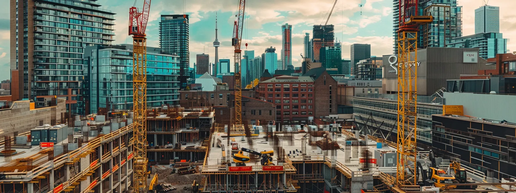 a bustling construction site with cranes, hard hats, and workers busy building new homes against a backdrop of a growing city skyline.