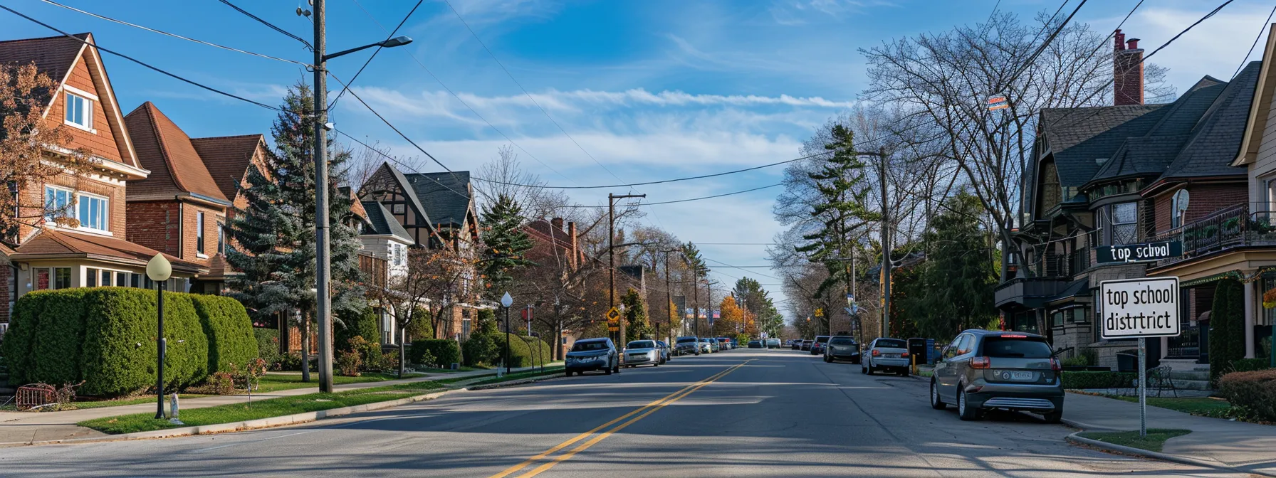 a bustling street lined with beautifully maintained homes, each with a prominent 