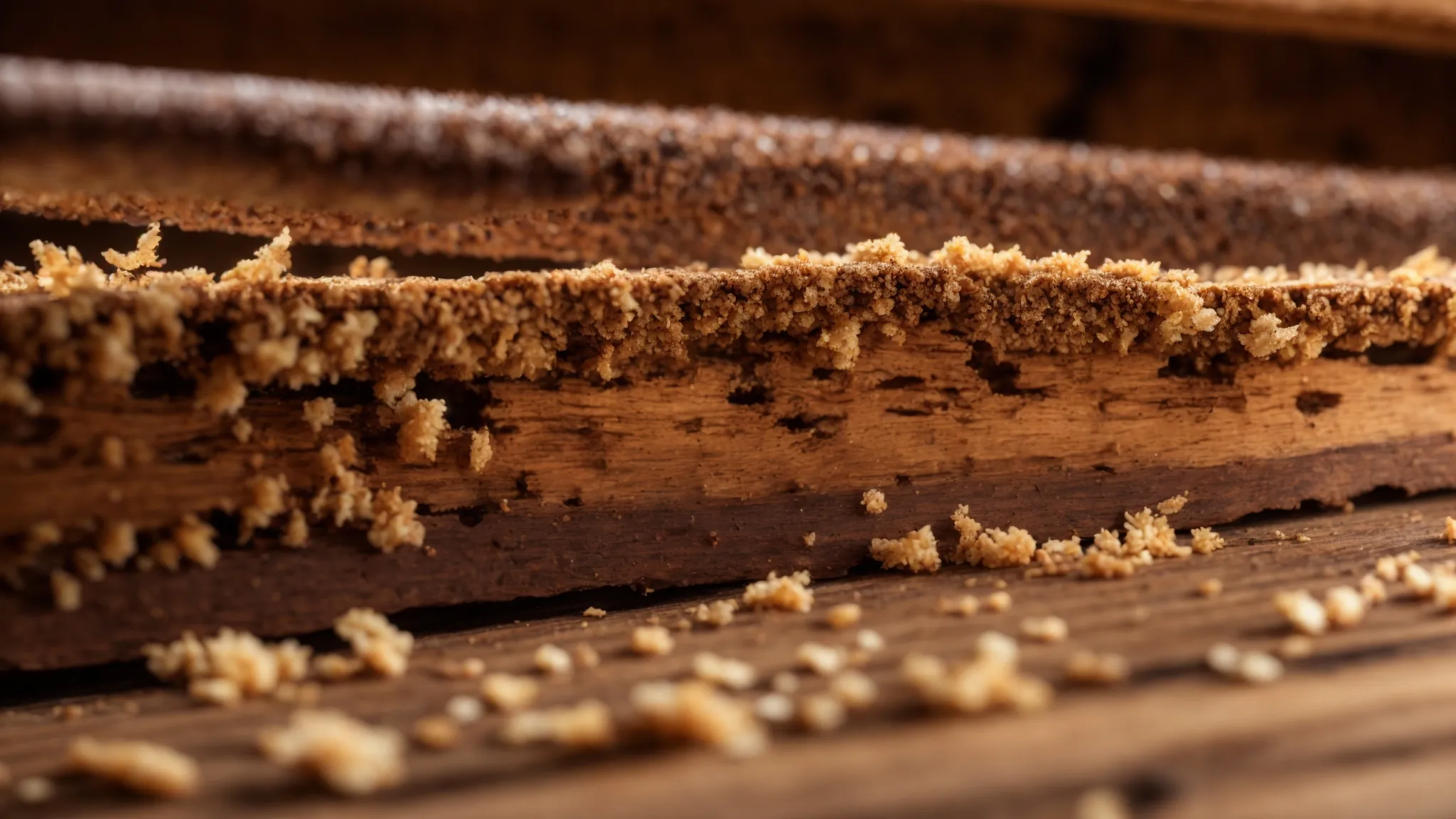 a close-up of a termite-infested wooden beam in a st. george home, highlighting the damage and urgency for inspection and treatment.