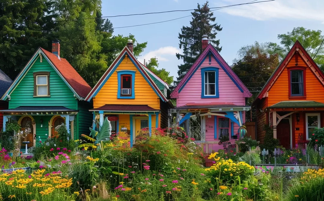 a colorful row of cozy, quaint houses nestled among vibrant gardens in the heart of st. george neighborhood.