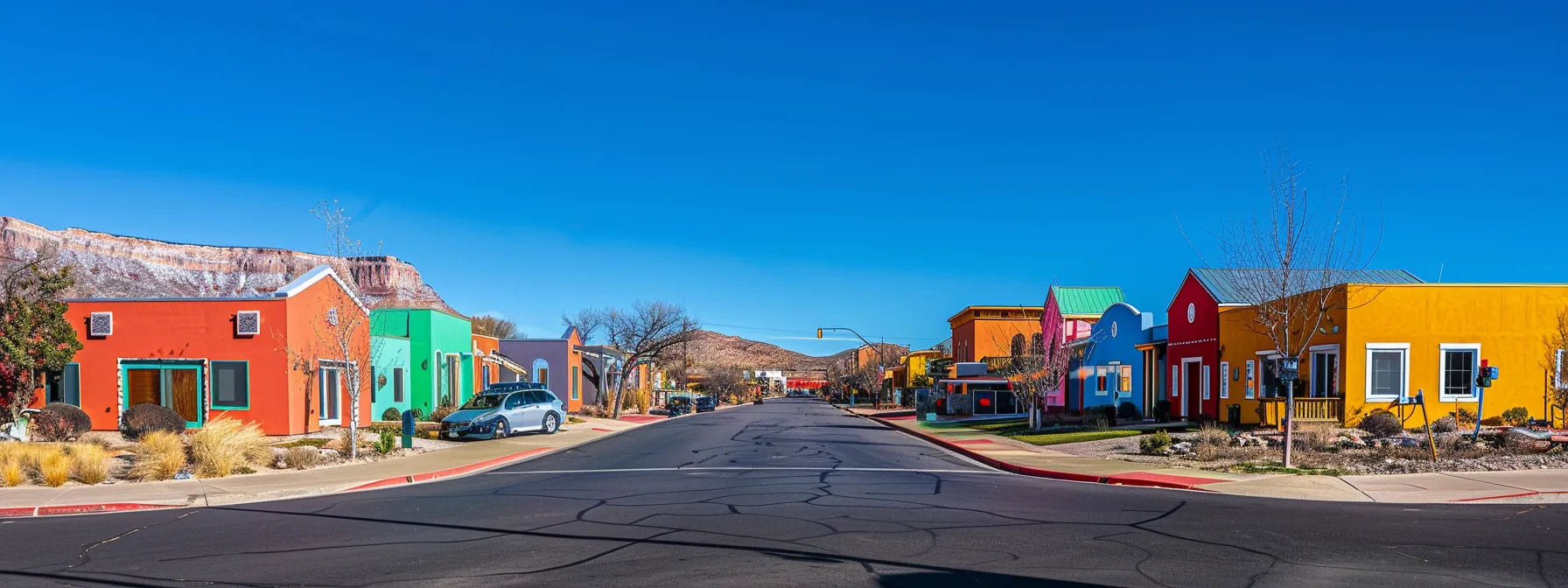 a colorful suburban street in bloomington hills, showcasing a mix of affordable housing options under the clear blue skies of st. george, southern utah.