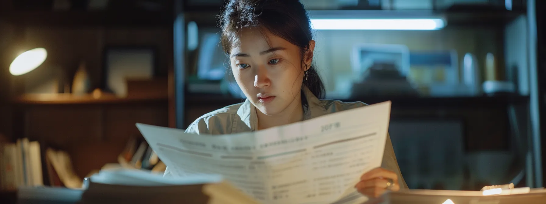 a confident buyer reviewing a detailed inspection report with a determined expression, surrounded by paperwork and notes, ready to take action in the real estate market.