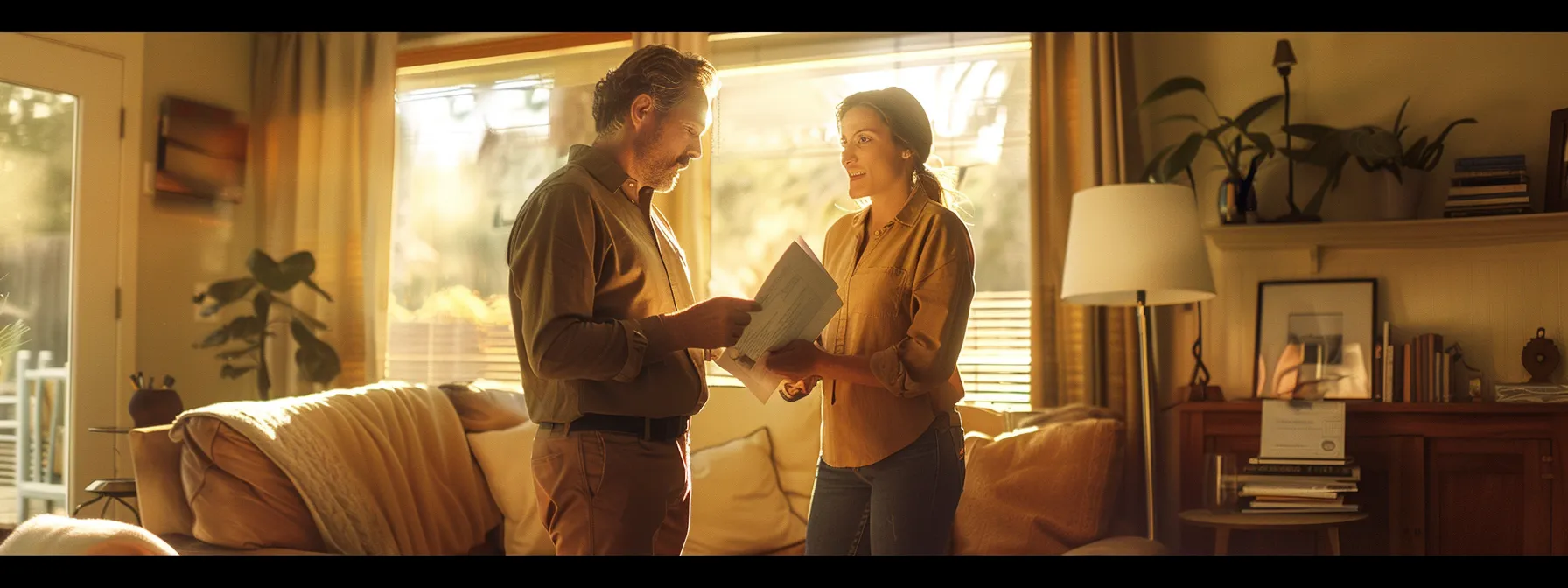 a confident real estate agent discussing a detailed home inspection report with a client in a sunlit living room.