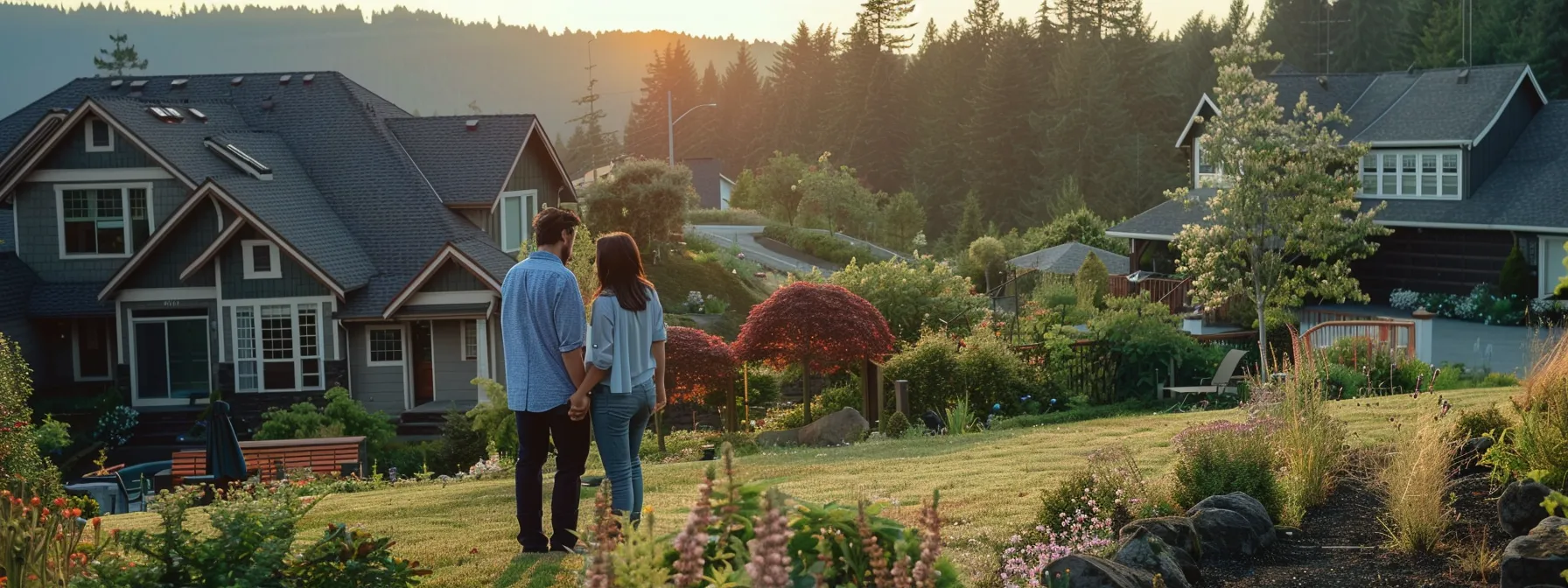 a couple browsing through listings with a local real estate expert in the picturesque outdoor setting of oregon hills.