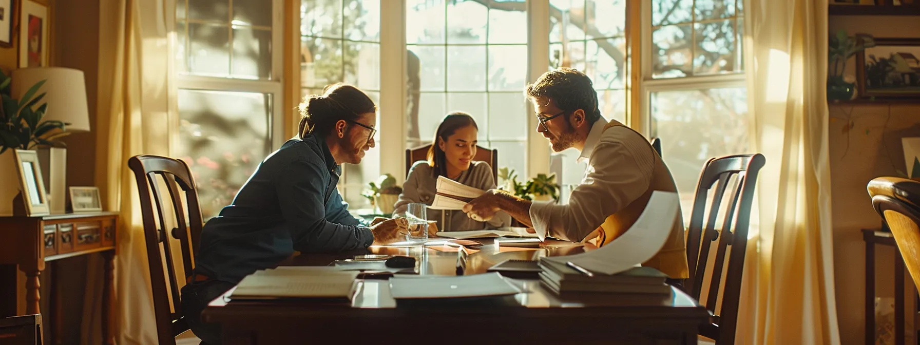 a couple confidently negotiating with a real estate agent over a table covered with paperwork and a detailed home listing.