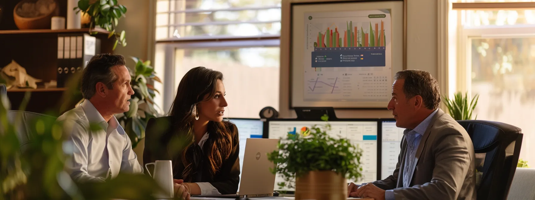 a couple consulting with an estate agent and loan officer at a cozy office, surrounded by charts and graphs detailing budget planning for a home in st. george.