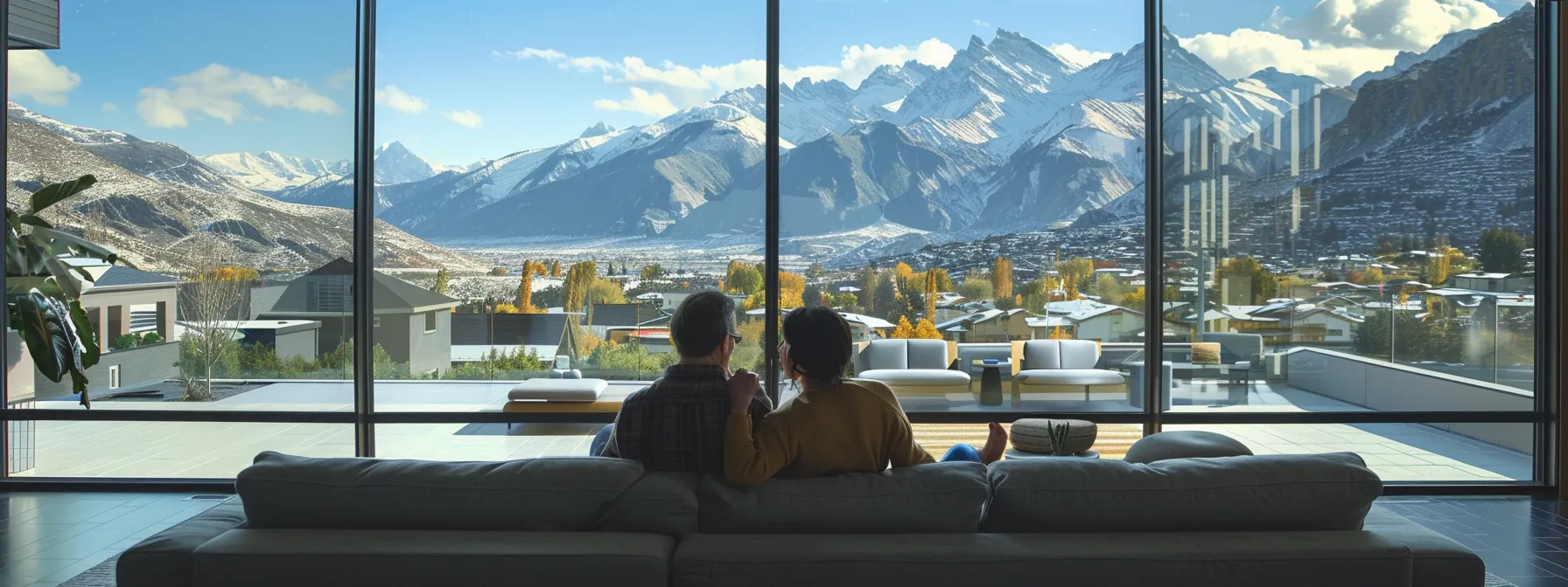 a couple designing their custom luxury home with scenic mountain views in the background.