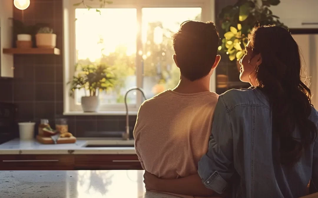 a couple gazes in awe at a modern, open-concept kitchen with sleek stainless steel appliances and granite countertops, illustrating the impact of st. george market trends on home buyers.