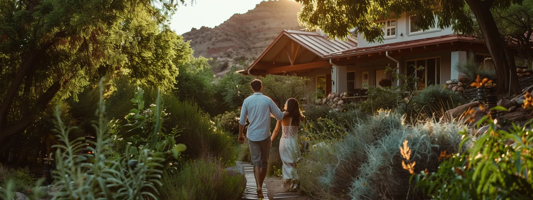 a couple holding hands while exploring a charming, budget-friendly home in st. george, surrounded by lush greenery and a picturesque mountain backdrop.