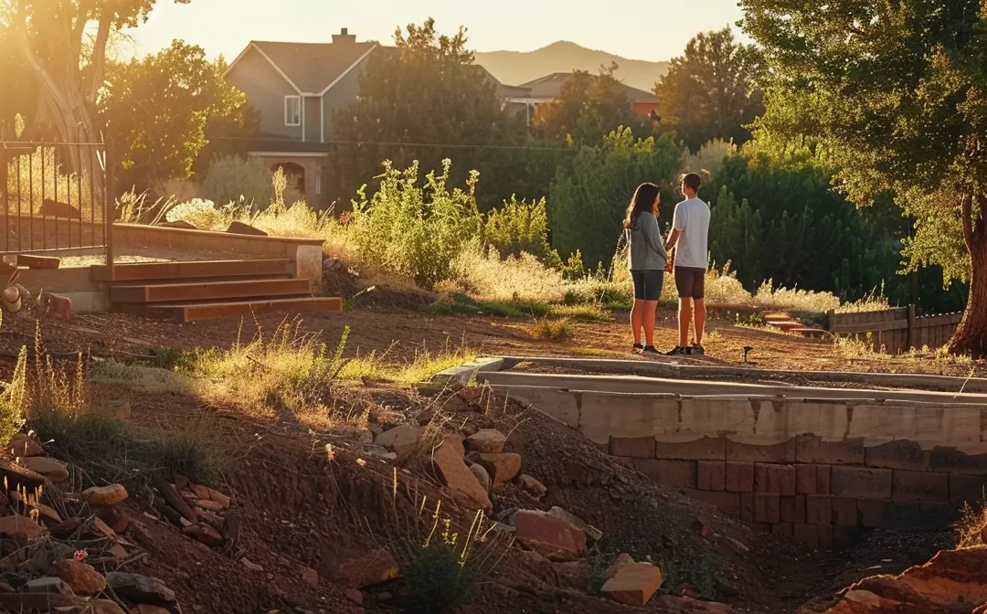 a couple inspecting the foundation of a charming st. george home under the warm glow of the setting sun.