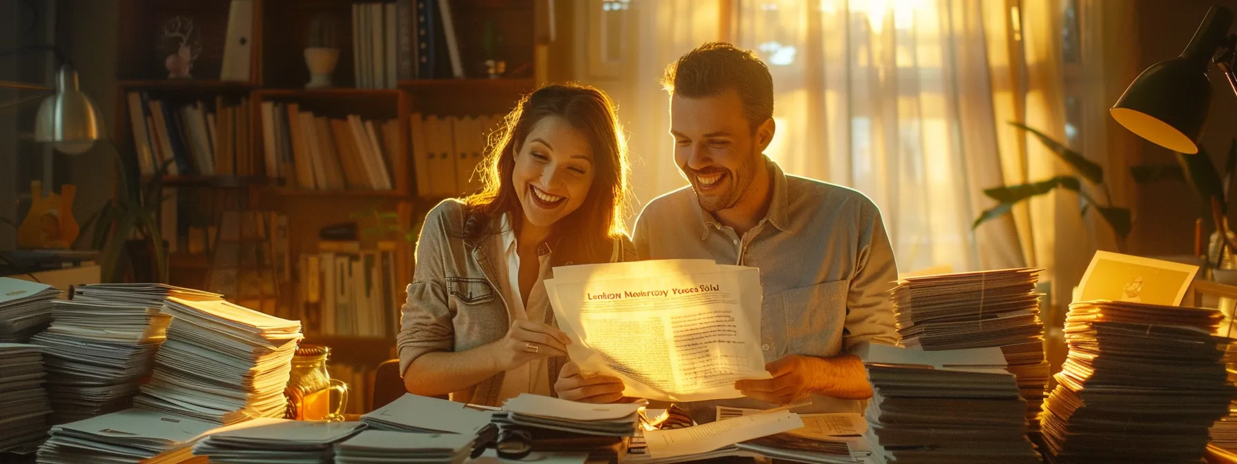 a couple joyfully holds a pre-approval letter for a mortgage, surrounded by stacks of financial documents and smiling real estate agents.