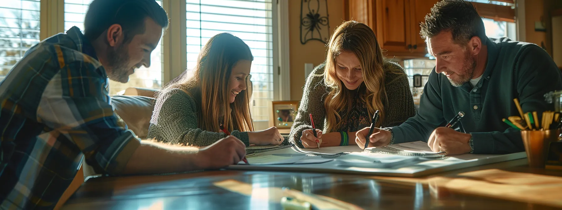 a couple joyfully signing the final documents at the closing table in their new st. george home, surrounded by a team of real estate experts.