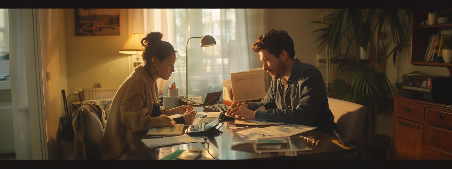 a couple reviewing mortgage documents with a real estate agent at a cozy desk surrounded by house keys, calculators, and financial charts.