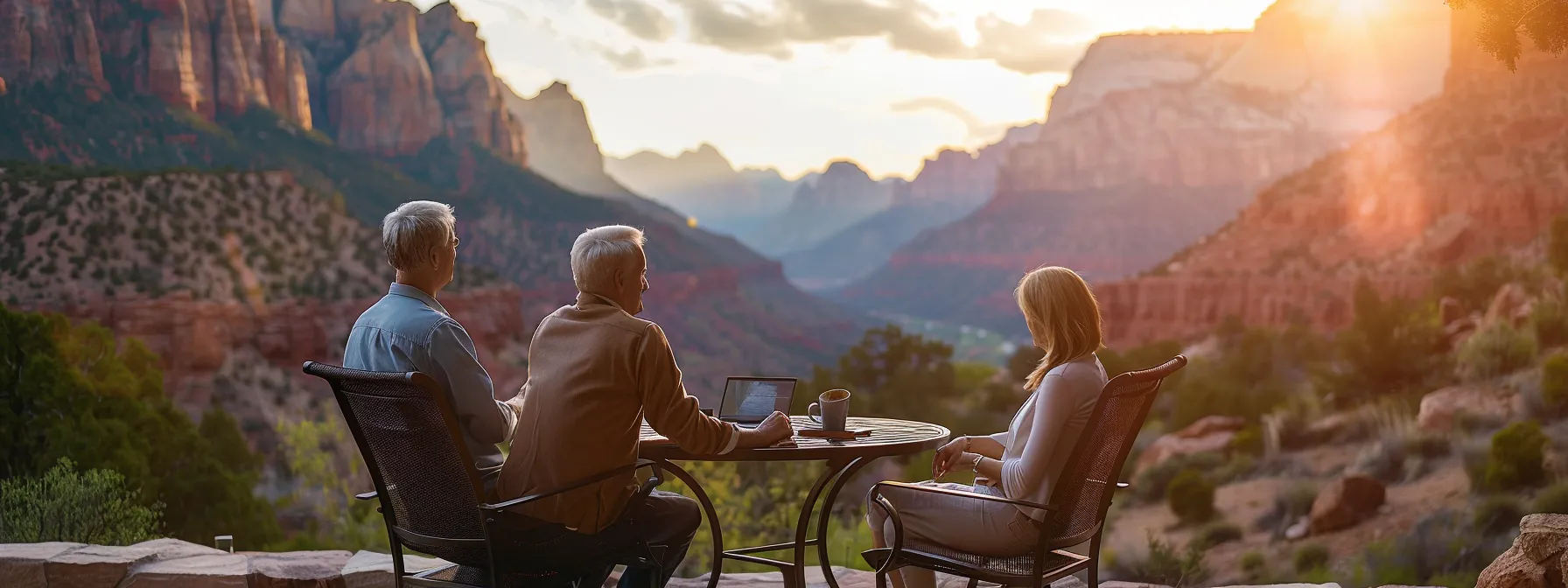 a couple reviewing mortgage options and interest rates while overlooking zion national park in st. george. a couple reviewing mortgage options and interest rates while overlooking zion national park in st. george.