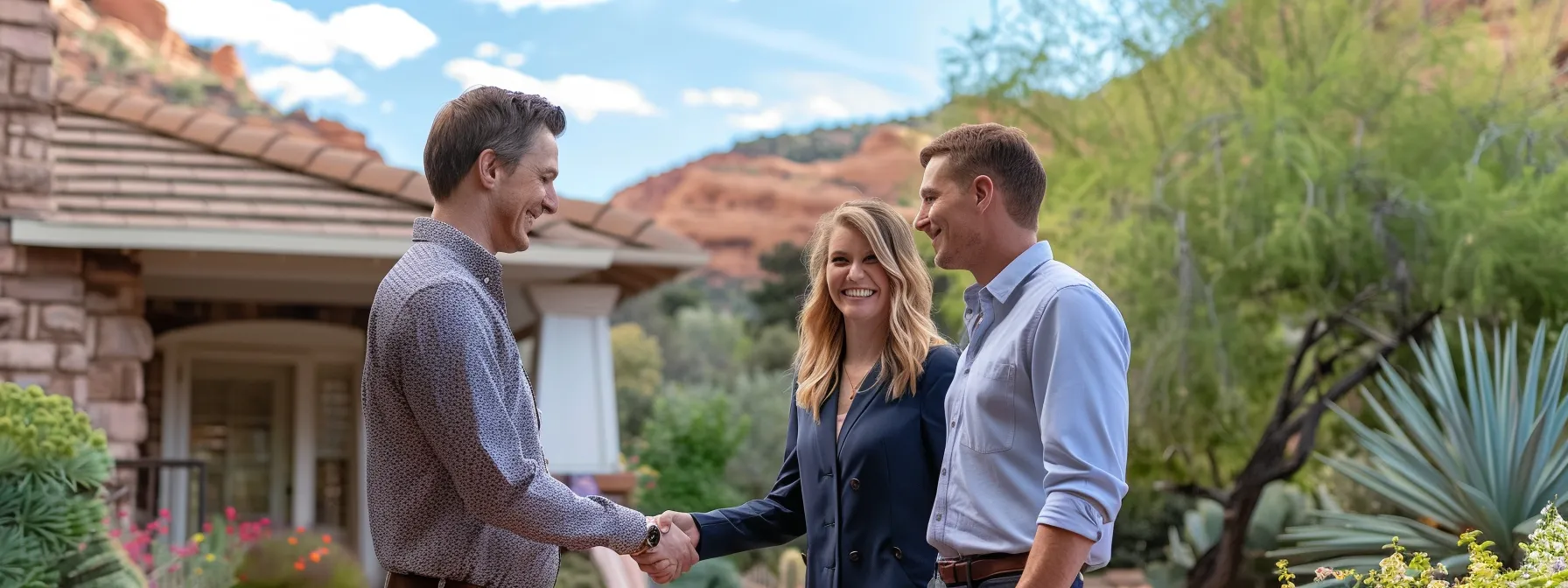a couple shakes hands with a smiling real estate agent in front of a charming st. george home for sale. a couple shakes hands with a smiling real estate agent in front of a charming st. george home for sale.