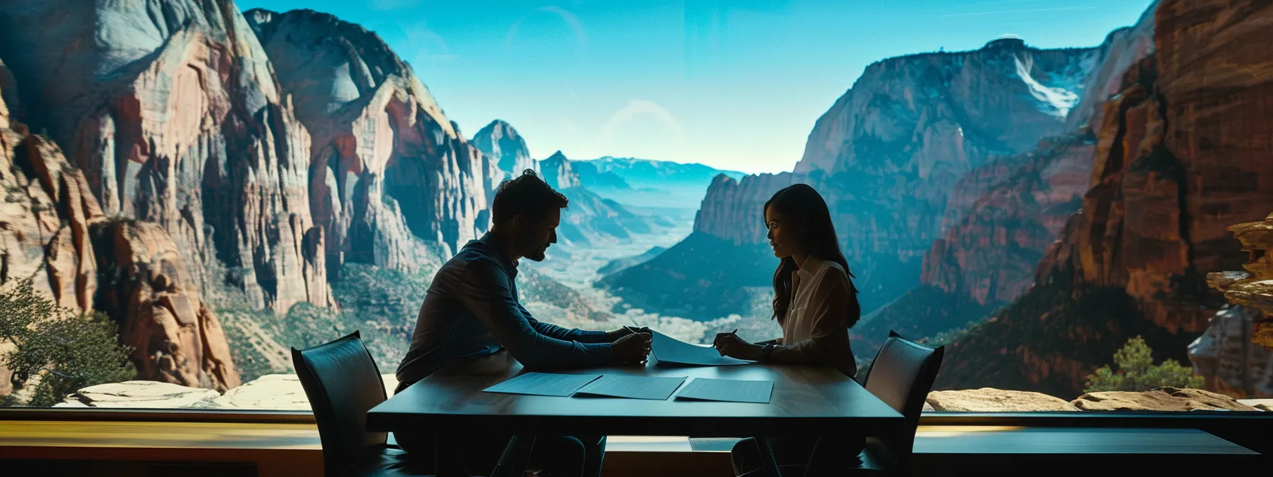 a couple signing a contract in front of a stunning view of zion national park, surrounded by charts and graphs.