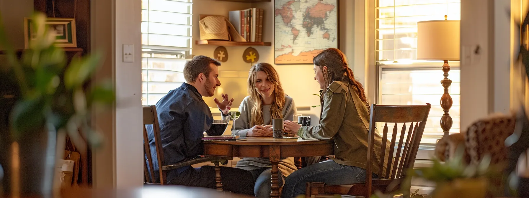 a couple sitting at a cozy table with a real estate agent, discussing housing needs and setting a practical budget, surrounded by home listings and neighborhood maps.