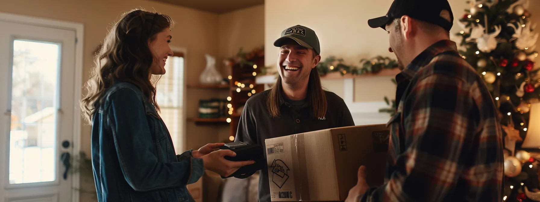 a couple smiling as they receive keys to their new home, surrounded by moving boxes and a welcoming real estate agent in st. george.