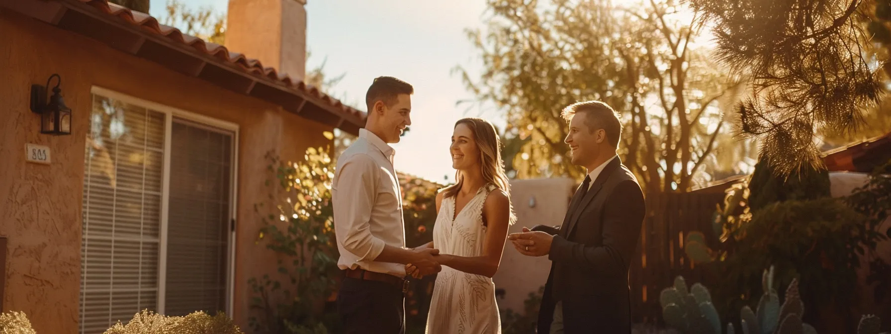 a couple smiling happily as they shake hands with a real estate agent in front of a charming house in st. george.