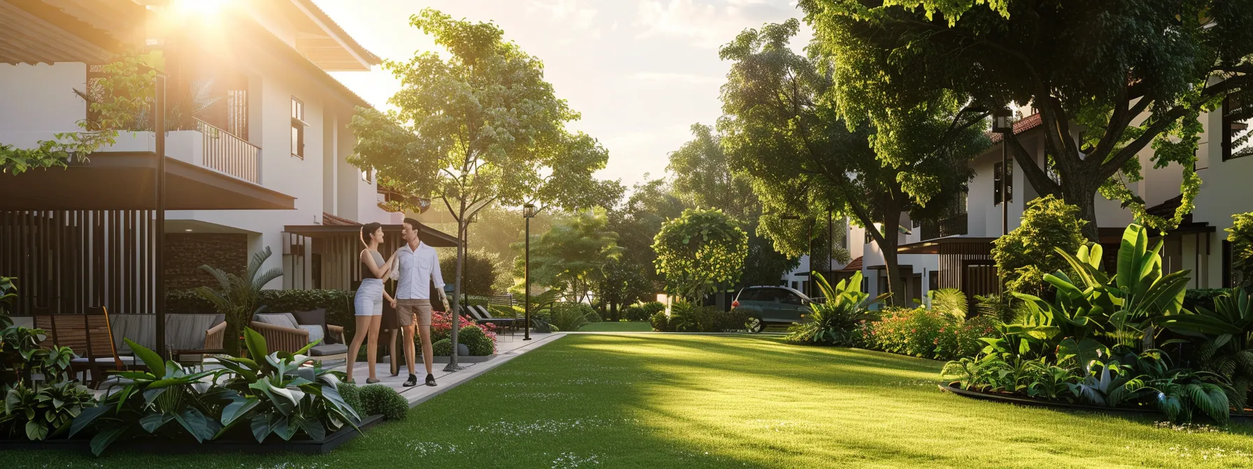 a couple standing in a picturesque neighborhood, surrounded by lush greenery and modern amenities, discussing their future home with a real estate agent.