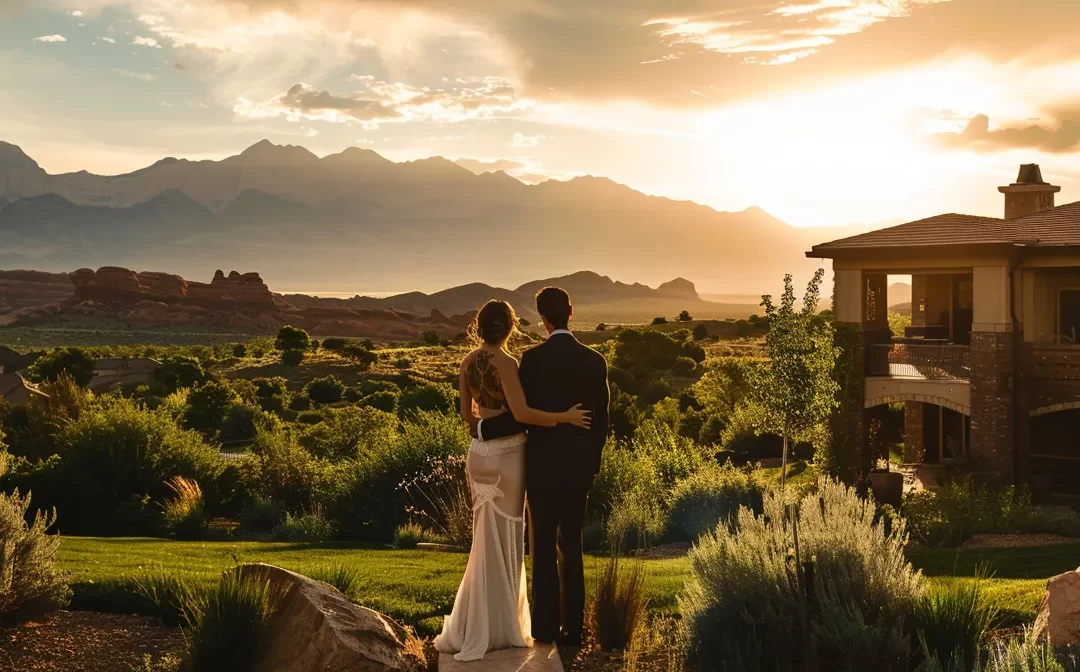 a couple standing in front of a beautiful, spacious house with a stunning mountain backdrop in st. george.