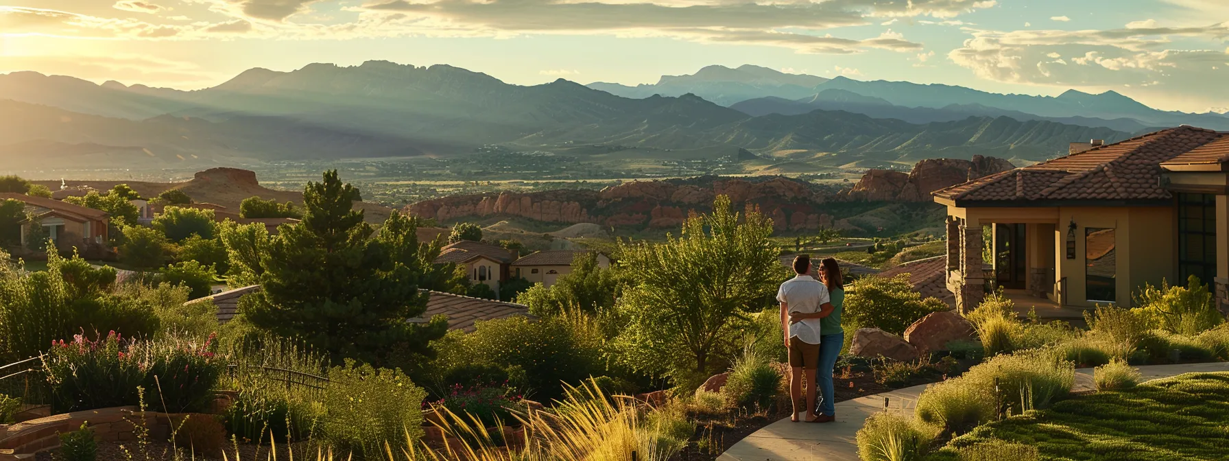 a couple standing in front of a beautiful st. george home, surrounded by lush greenery and mountains in the background, signifying a successful purchase through the home buying process.