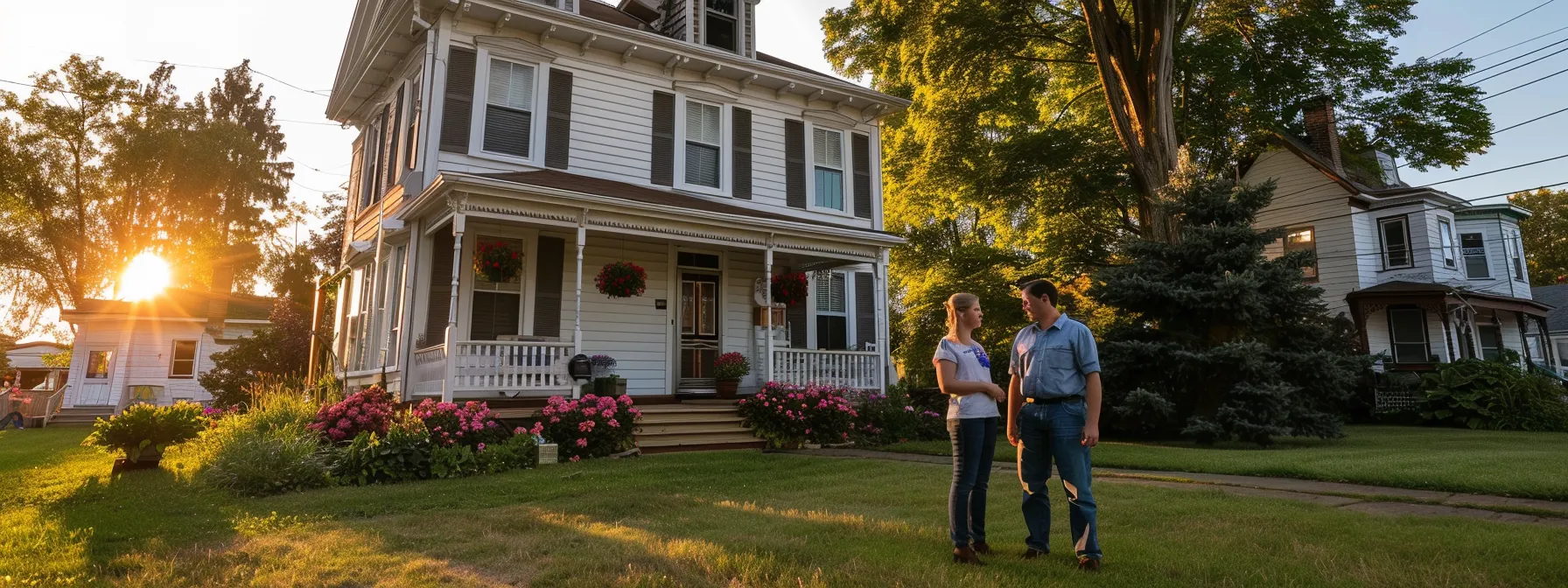 a couple standing in front of a charming colonial-style house, with a real estate agent showing them the property in st. george.