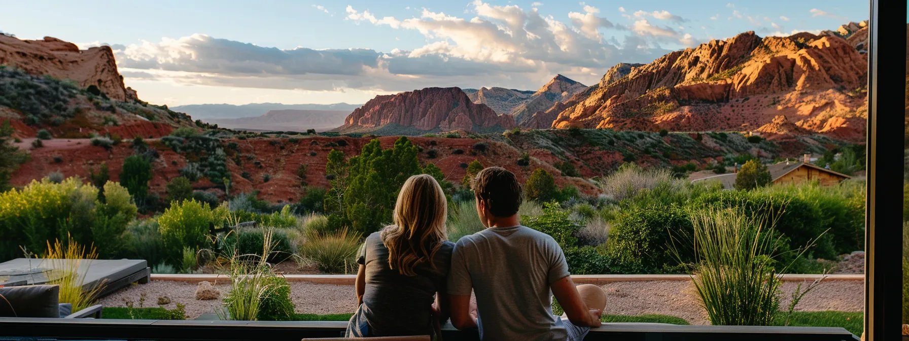 a couple viewing a charming st. george home with a picturesque view of red cliffs and lush greenery, discussing offers and negotiations with a real estate agent.