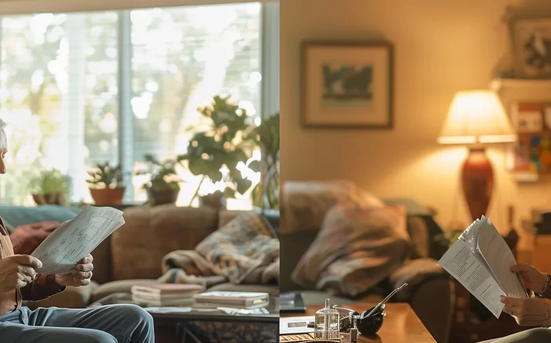 a cozy living room with a smiling couple joyfully signing paperwork for a home equity loan.