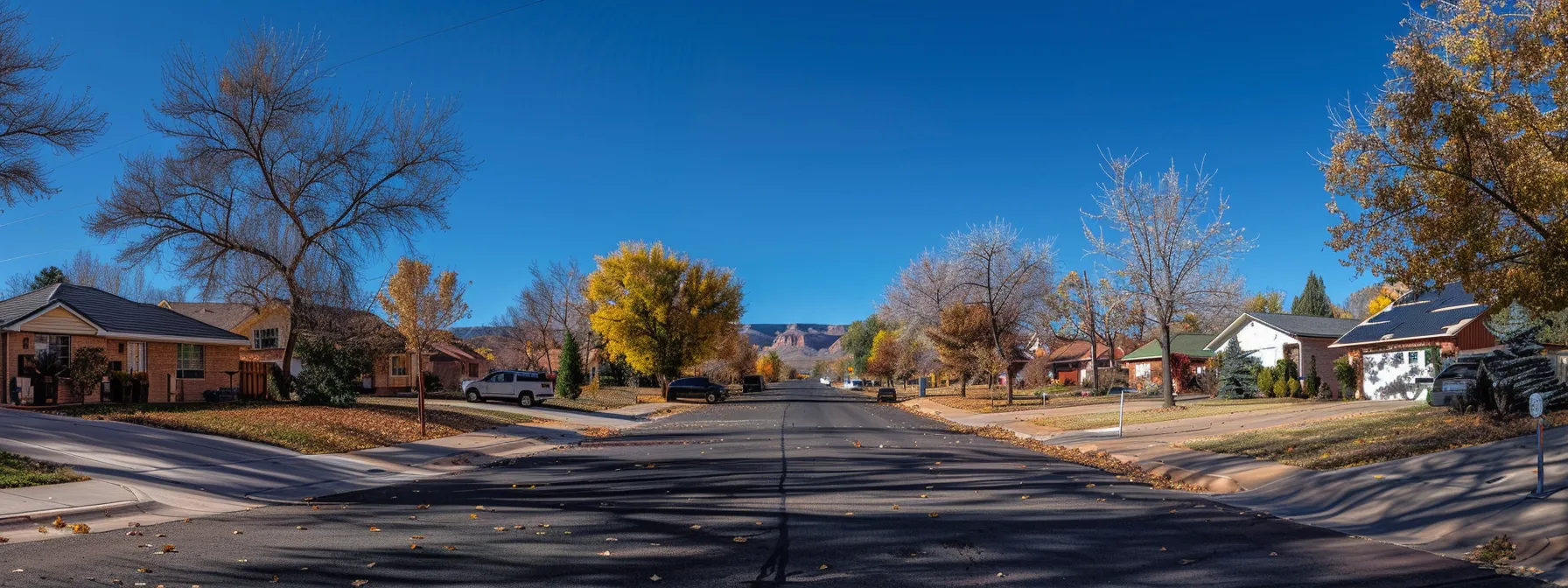 a cozy neighborhood street in st. george lined with affordable homes of varying sizes and styles, showcasing the diverse housing options available in southern utah.