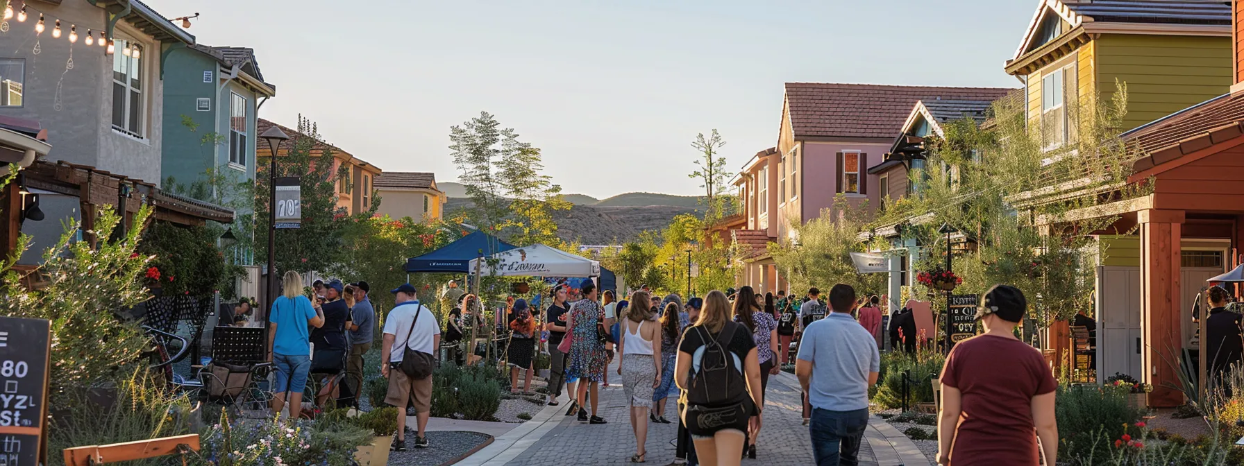 a diverse group of people browsing through community open houses in st. george, surrounded by colorful homes and vibrant neighborhood.