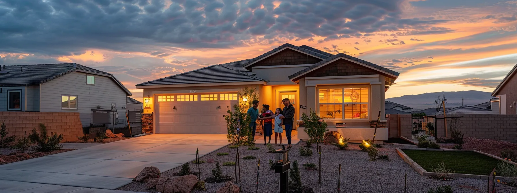 a family celebrating in front of their new st. george home, surrounded by paperwork and keys, showcasing success in overcoming common mortgage challenges.