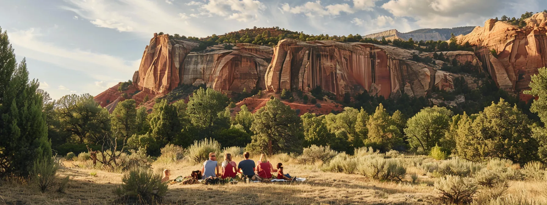 a family enjoying a picnic in a serene desert trail surrounded by pine-covered cliffs in washington fields.