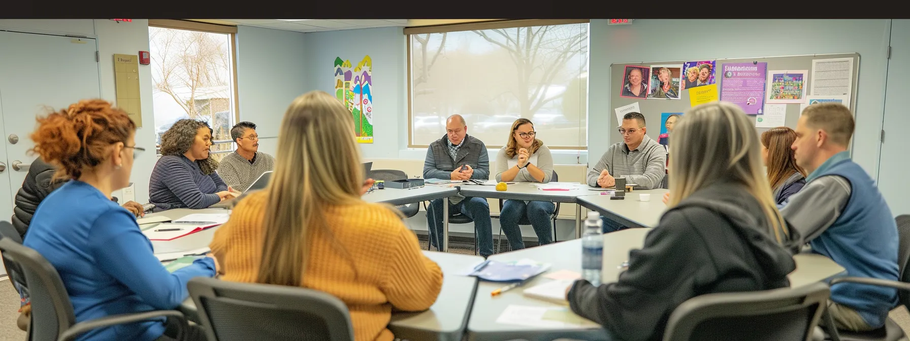 a group of first-time homebuyers attending a workshop in a brightly lit room, surrounded by informative materials and engaged in discussions with a knowledgeable presenter.