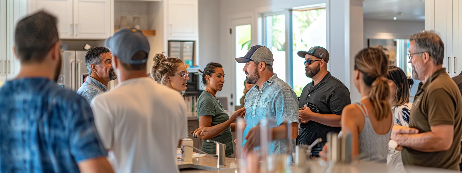 a group of potential home buyers strategizing in a crowded bidding war at a bustling st. george real estate market.