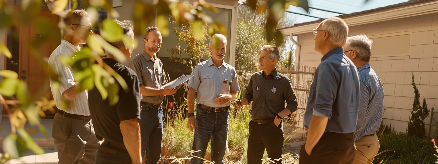 a group of professionals gathered around a home, discussing plans and inspecting the property in st. george.