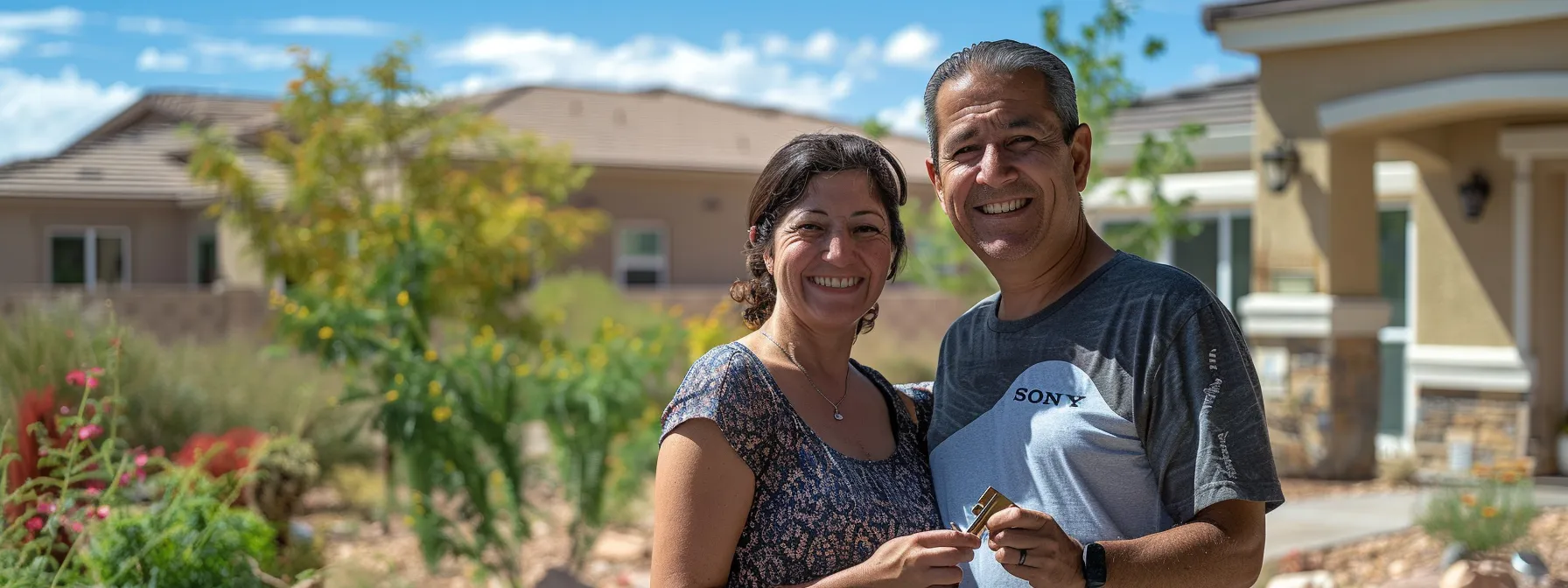 a happy couple holding keys as they stand in front of their new st. george home, smiling with excitement and pride.