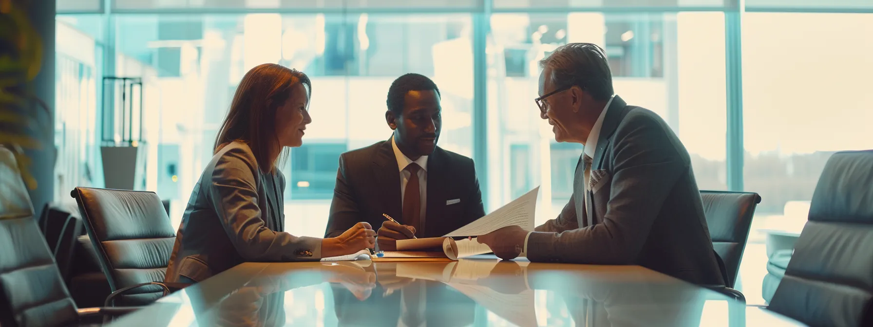 a happy couple signing documents with a real estate agent in a bright, modern office.