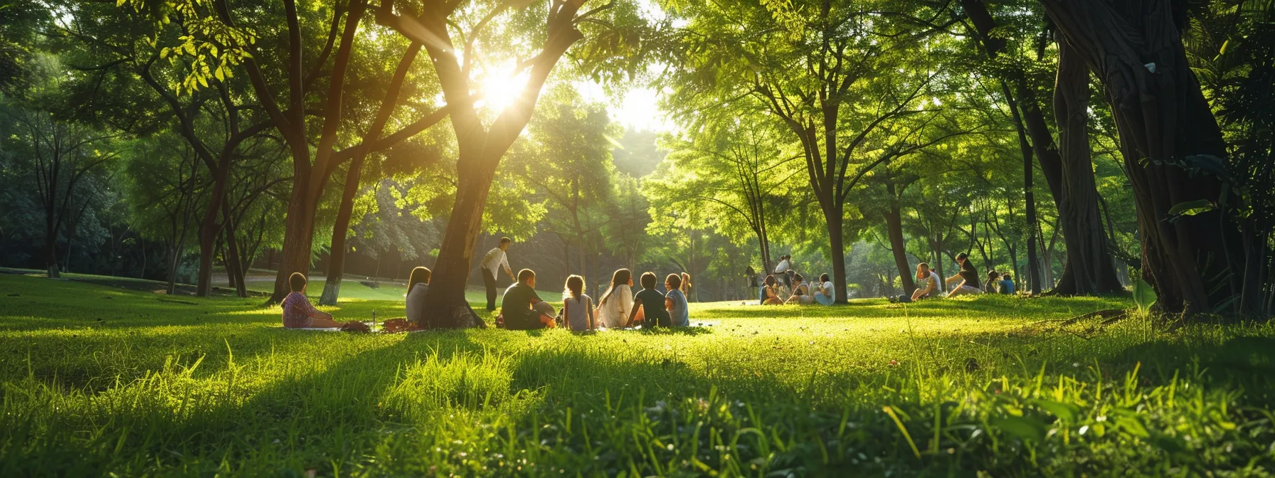 a happy family picnicking in a lush green park, with children playing in the background, under the warm sun in st. george.