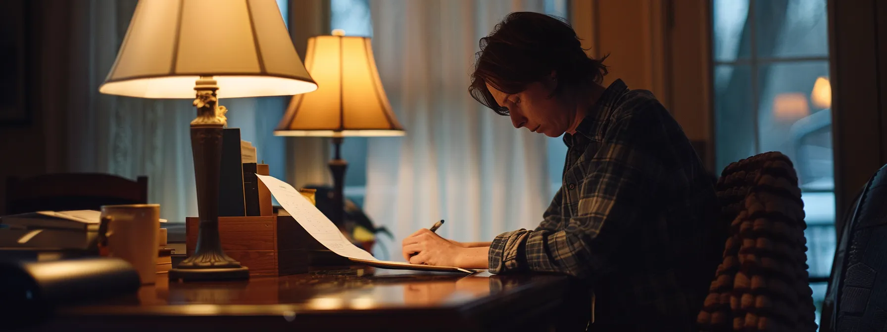 a home buyer carefully reviewing contracts and inspection reports at a well-lit desk.