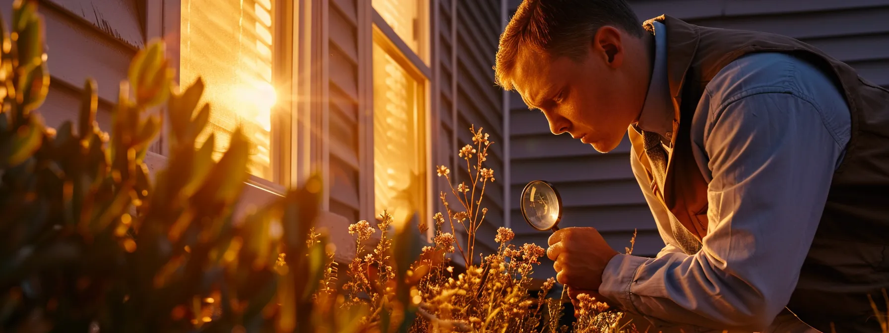 a home inspector carefully examines a house exterior, magnifying glass in hand, under the bright st. george sun.