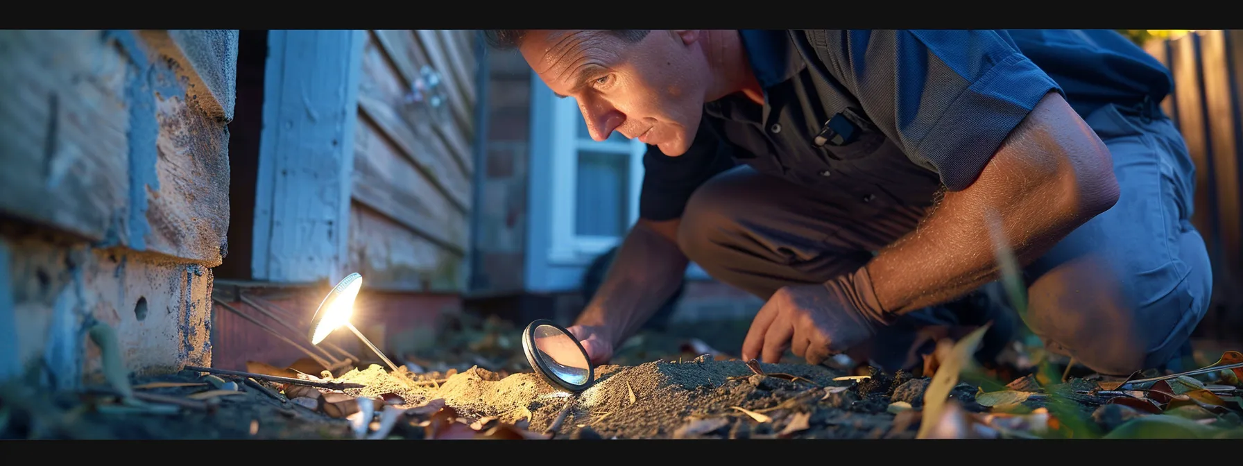 a home inspector carefully examining the foundation of a house with a magnifying glass, highlighting attention to detail and thoroughness in property evaluation.