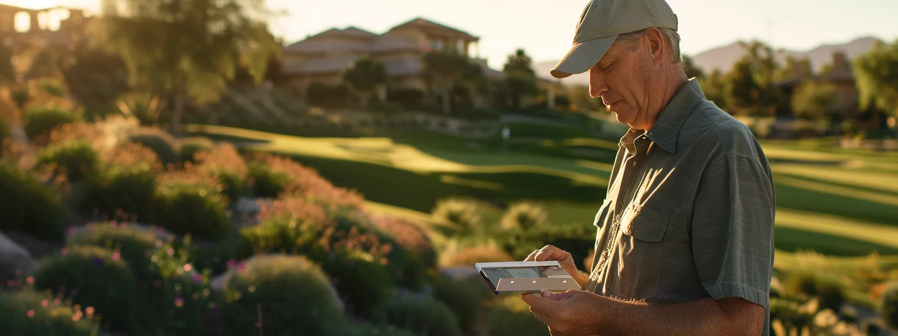 a home inspector carefully examining a property in st. george, with lush golf courses in the background.