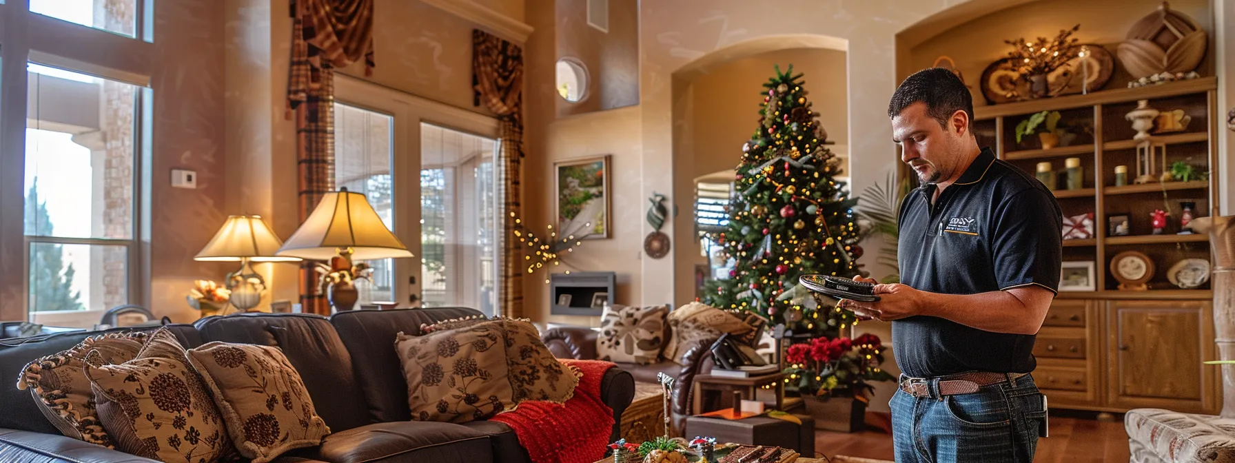 a home inspector examining a beautifully decorated living room in st. george with a magnifying glass, focusing on intricate details.