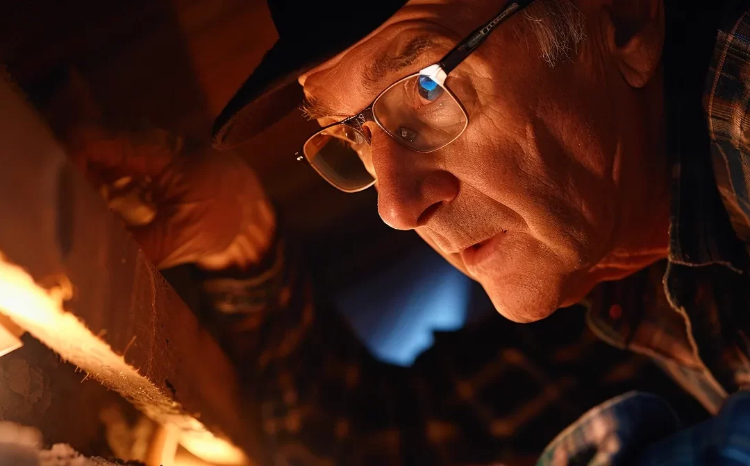 a home inspector examining a crack-free foundation with a thorough and focused gaze.