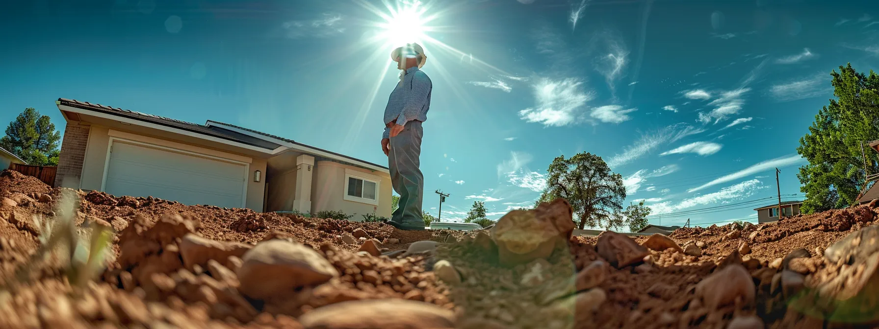 a home inspector examining the foundation of a house in st. george, under a bright and clear sky.