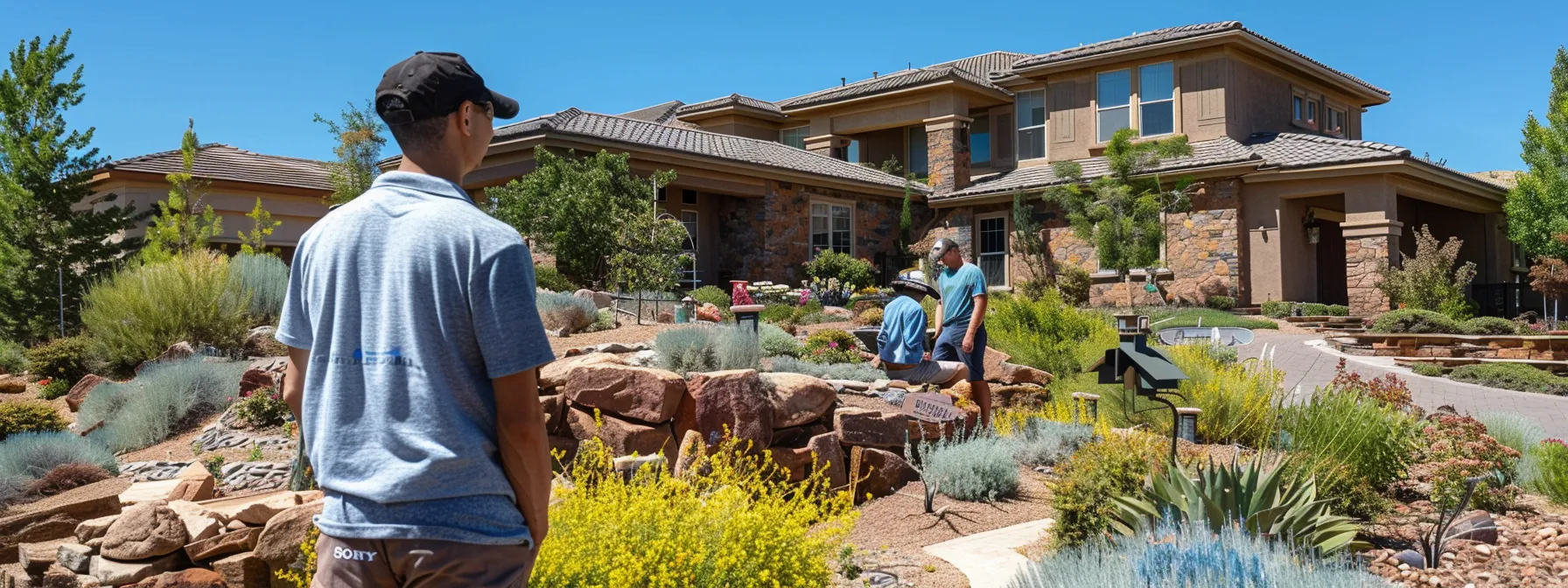 a home inspector meticulously examining the structural integrity of a beautiful st. george home, with the oaks real estate team guiding clients in the background.