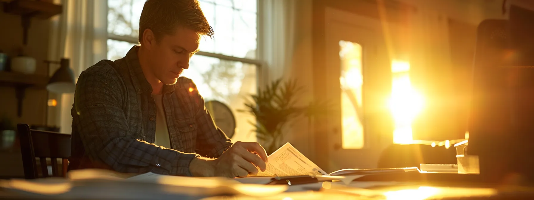 a homebuyer carefully comparing mortgage offers under a bright, sunlit room with financial documents spread out on a table.