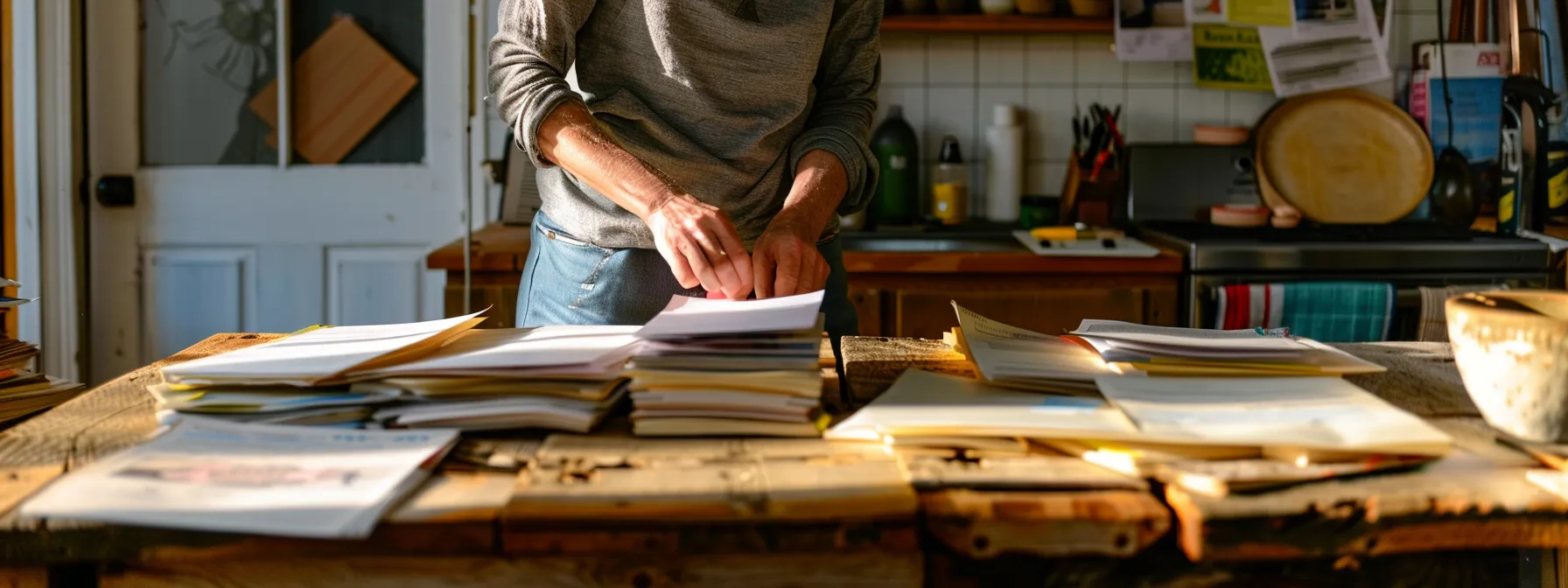 a homeowner arranging a stack of neatly organized repair records and appliance manuals with meticulous precision on a wooden table.